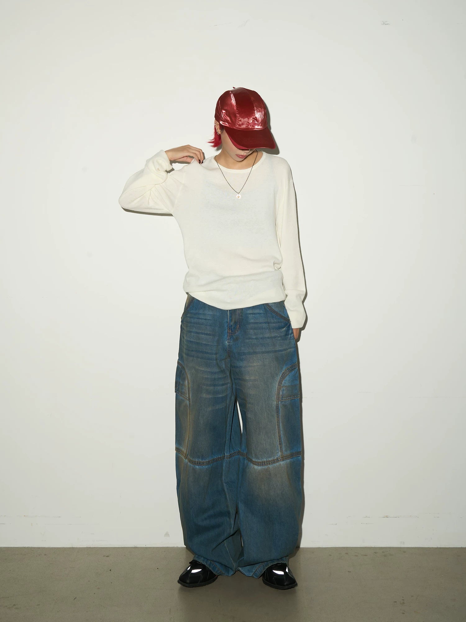 Washed Panel Strap Detail Wide Leg Denim Jeans