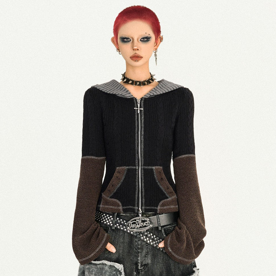 Hooded Zipper Fitted Knit Cardigan