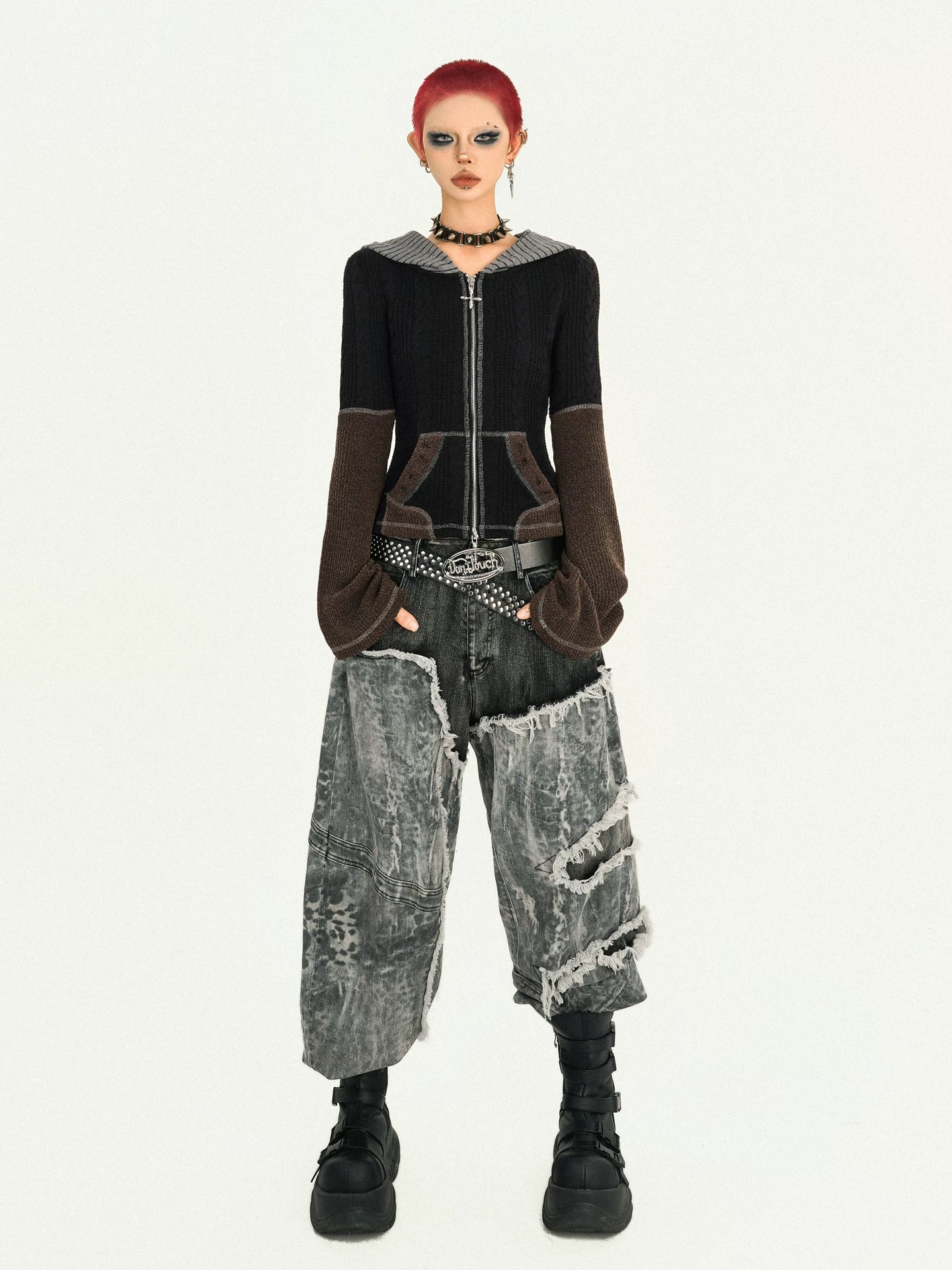 Hooded Zipper Fitted Knit Cardigan