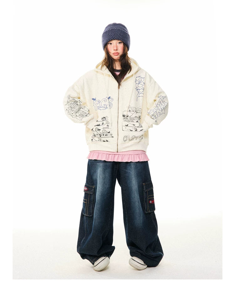 Graphic Print Oversize Zipper Hoodie