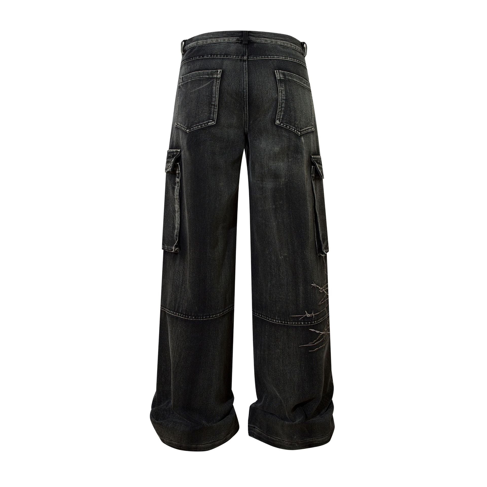 Cargo Pocket Embroidery Wide Leg Denim Jeans