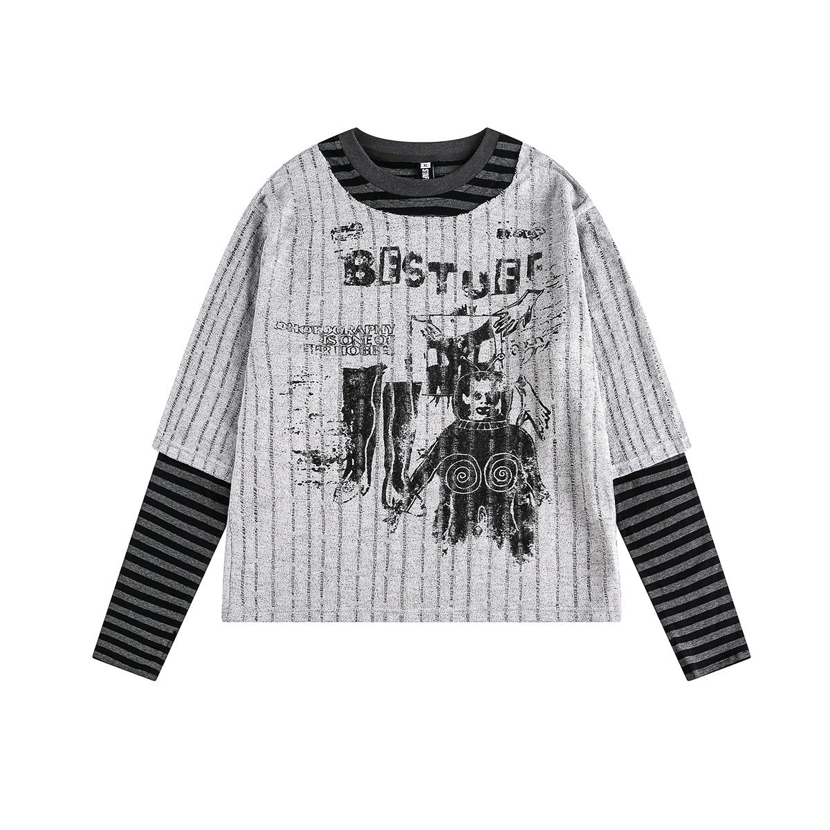 Stripe Fake Layered Graphic Long Sleeve T-Shirt