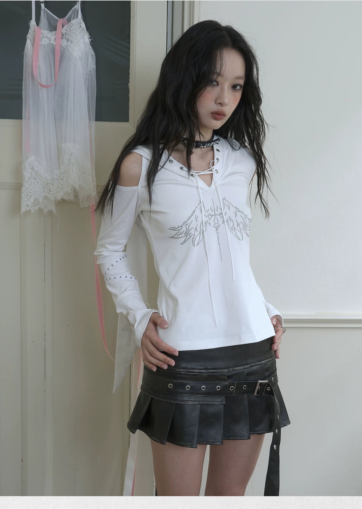 Washed Pleated PU Leather Short Skirt