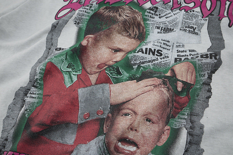Washed Portrait Letter Print Short Sleeve T-Shirt