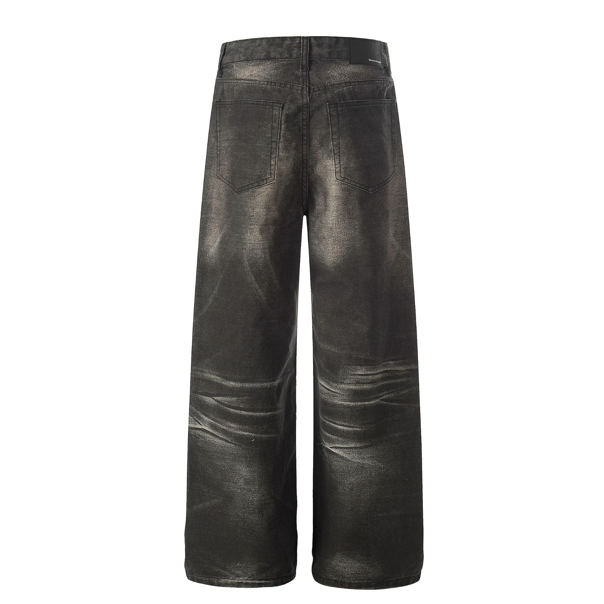 Washed Fade Whisker Wide Leg Straight Denim Jeans