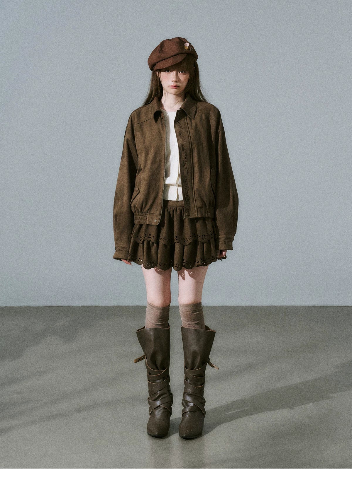 Suede Zipper Jacket & Scalloped Skirt Setup