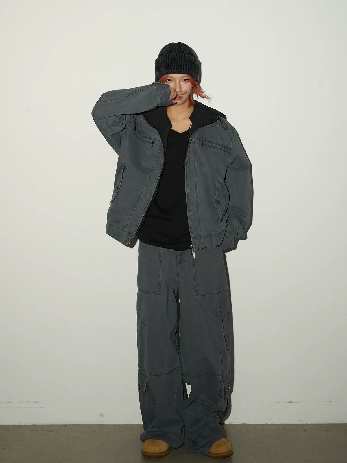 Fake Layered Hooded Jacket & Multi Pocket Cargo Pants Setup