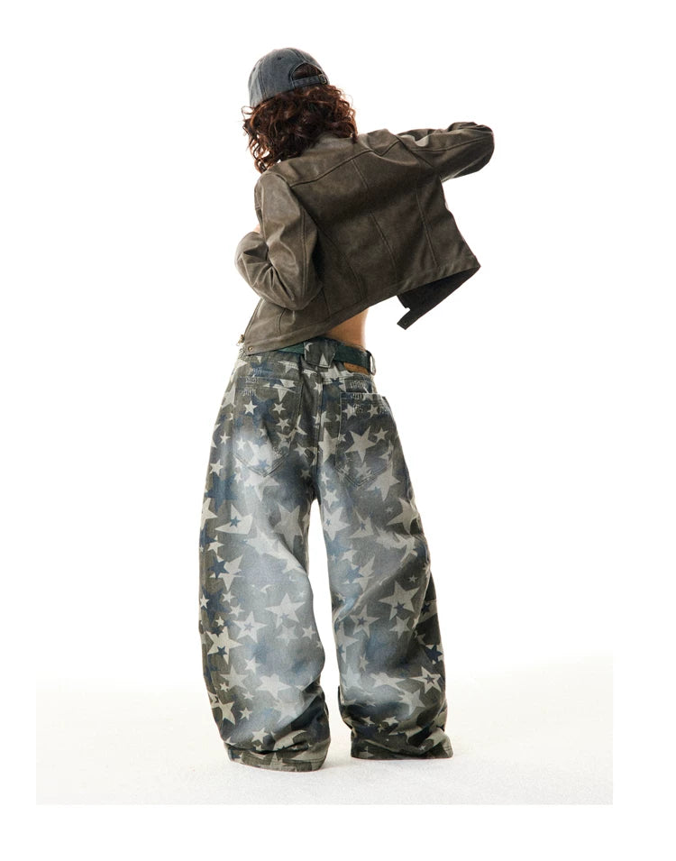 Star Print Damage Wide Leg Denim Jeans