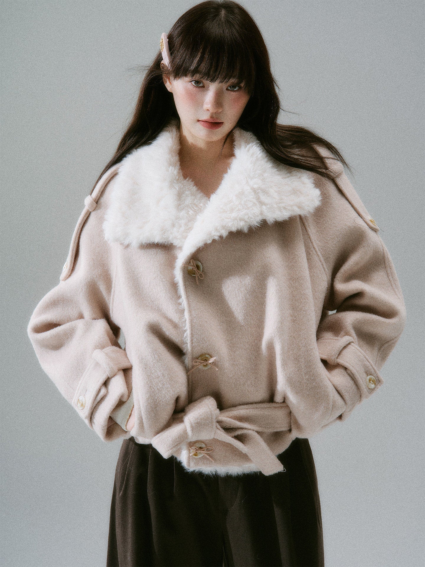 Fake Fur Collar Belted Jacket