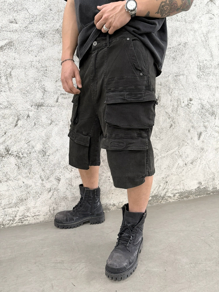 Waxed Washed Three-Dimensional Pocket Cargo Short Pants