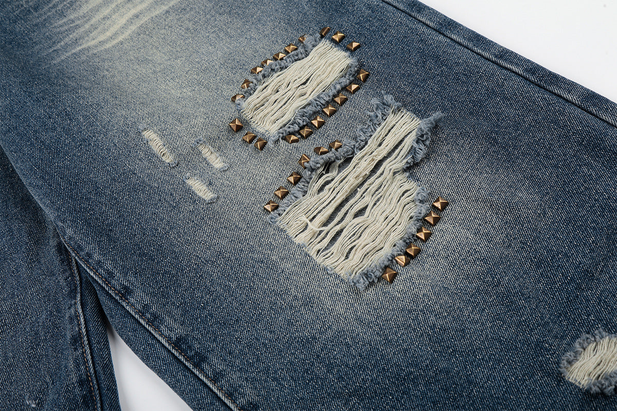 Wash Rivet Damage Wide Leg Denim Jeans