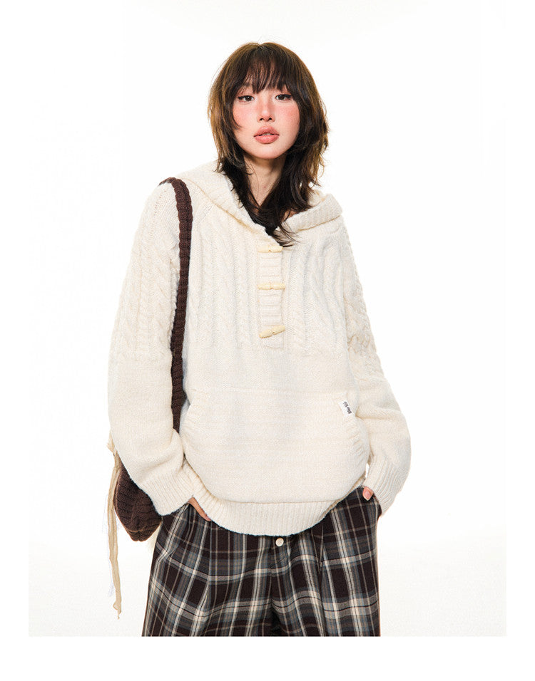 Hooded Toggle-Front Knit Sweater