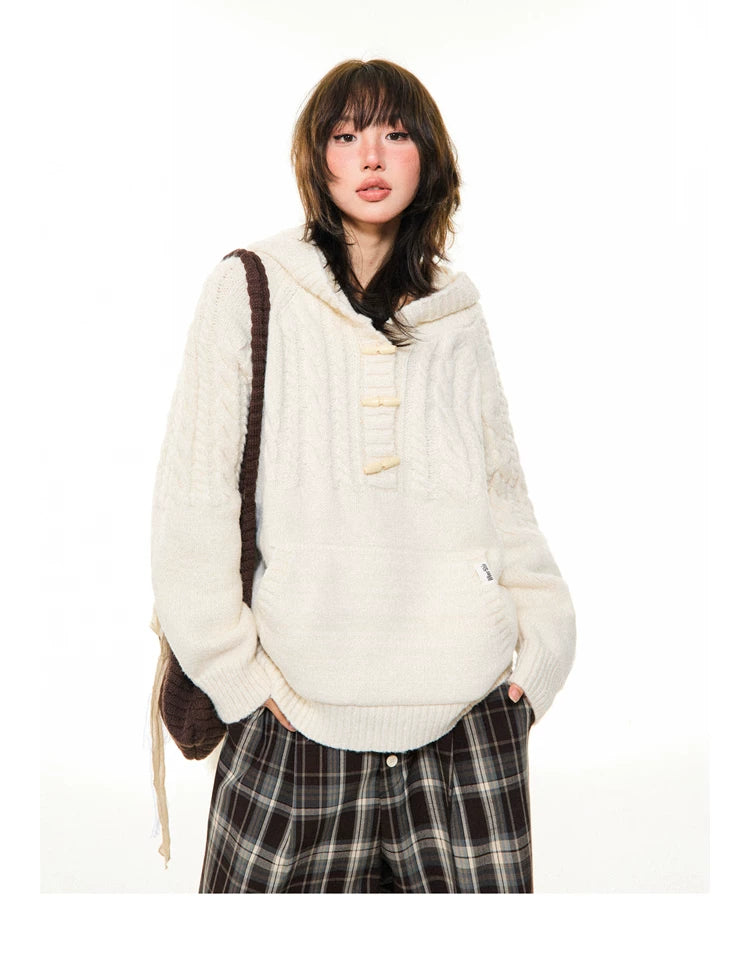 Hooded Toggle-Front Knit Sweater