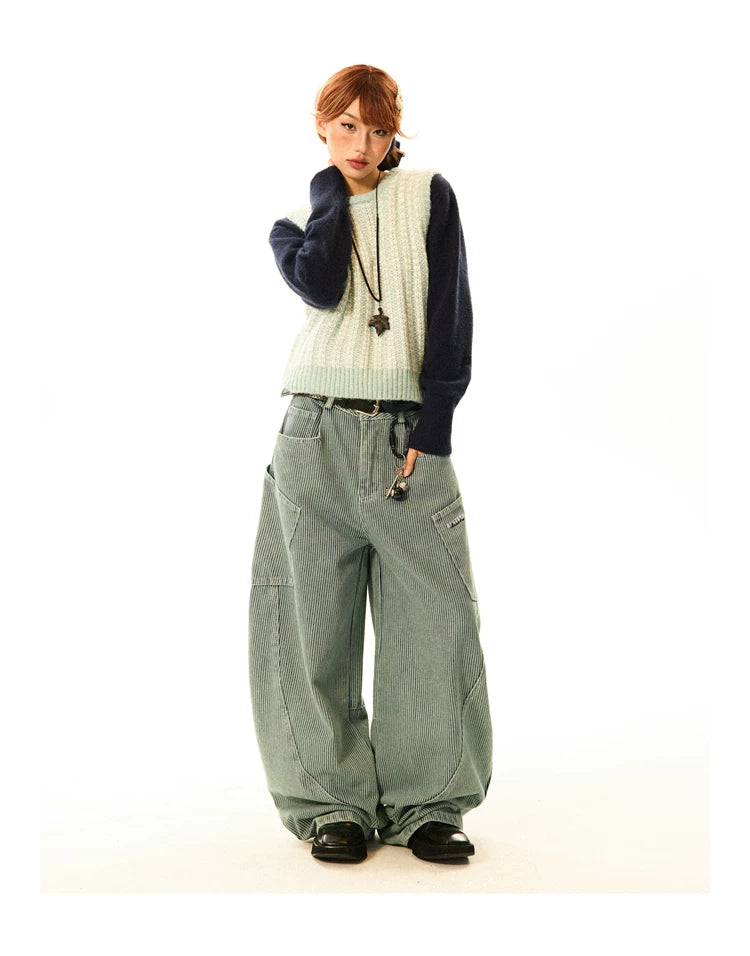 Stripe Pattern Wide Leg Denim Jeans