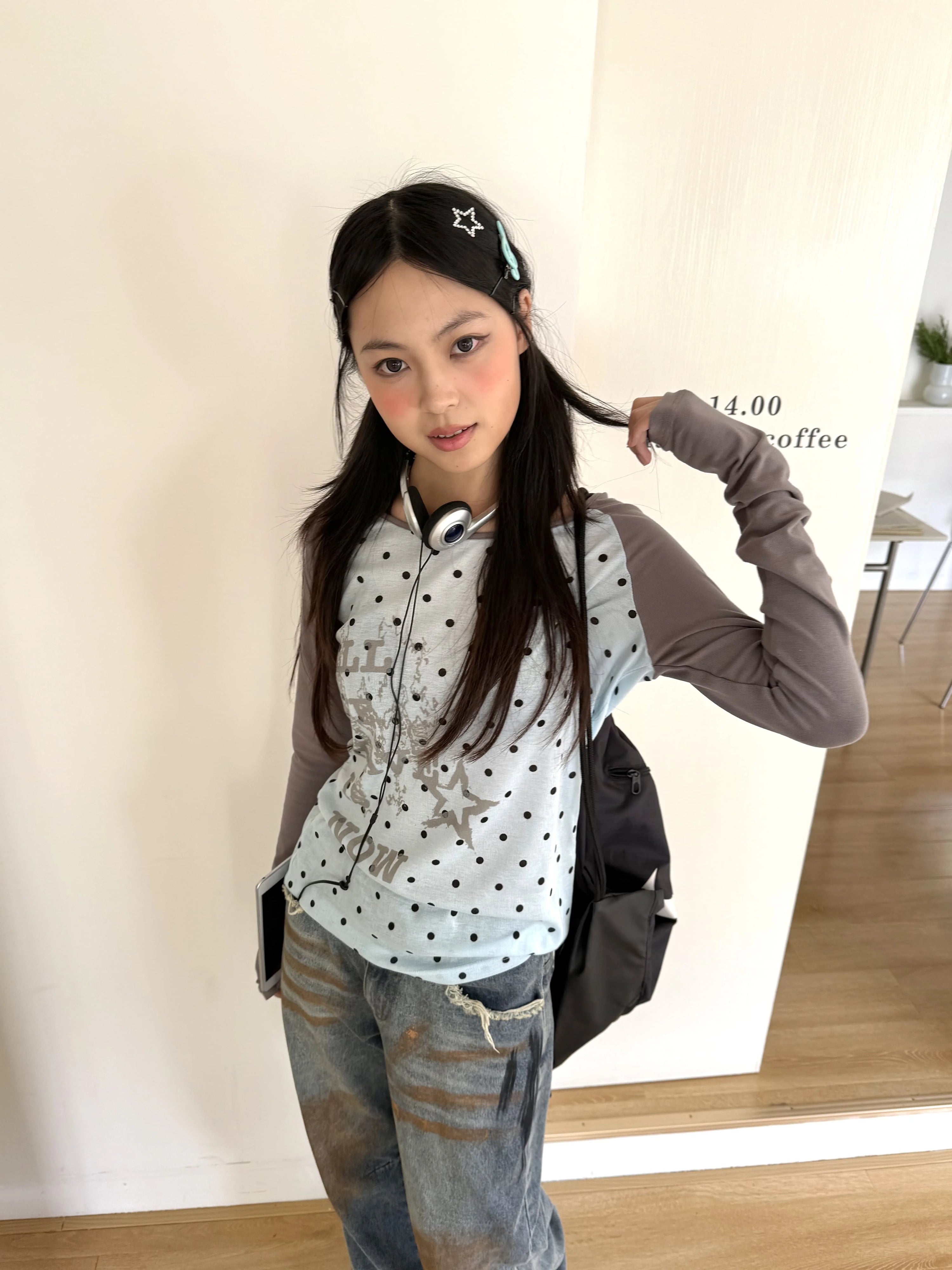 Polka Dot Letter Print Fake Layered Fitted Long Sleeve T-Shirt