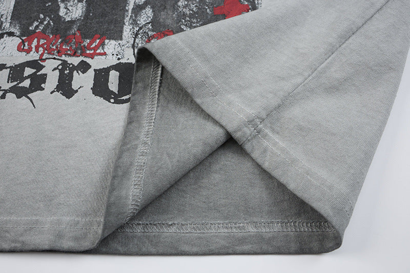 Washed Portrait Letter Print Short Sleeve T-Shirt