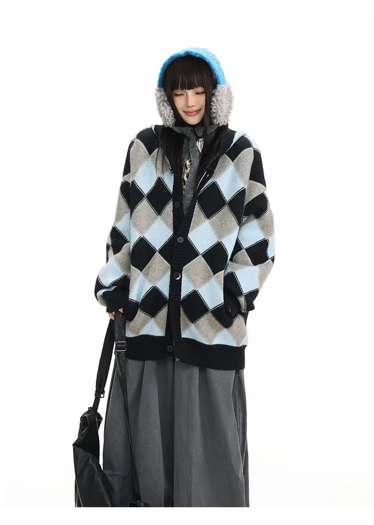 Heavyweight Diamond Pattern Oversize Hooded Knit Cardigan & Knit Sweater