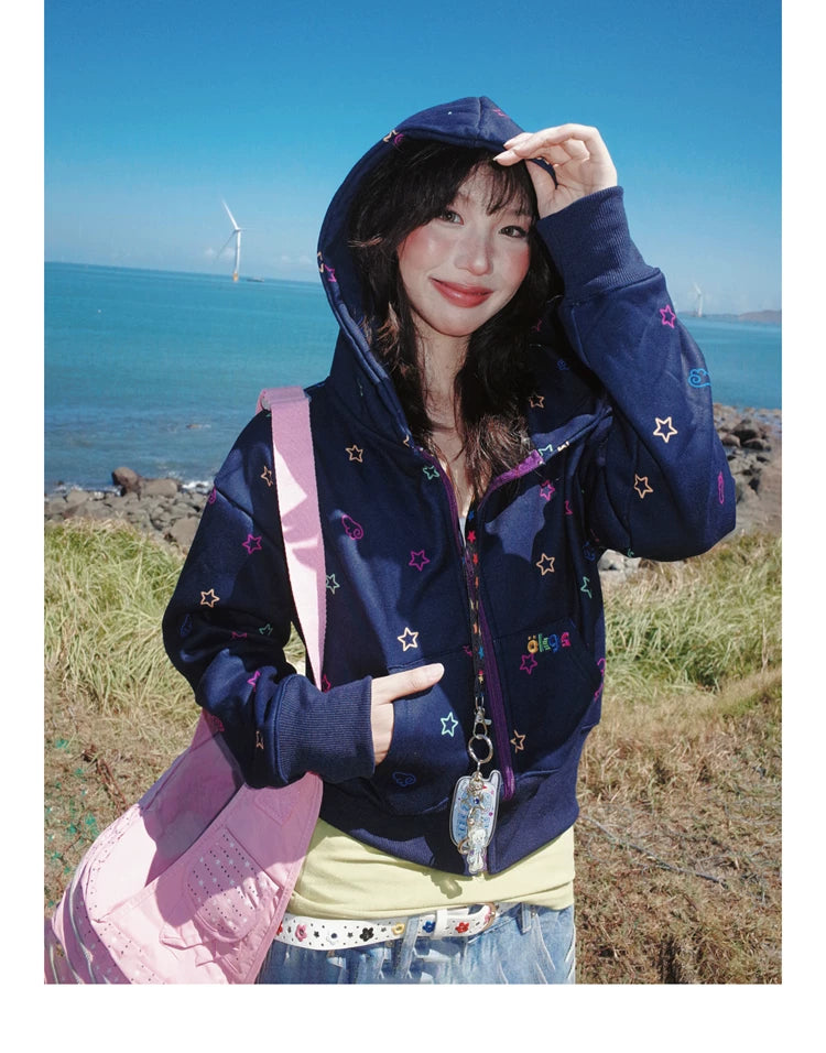 Star Print Fleece Zipper Hoodie