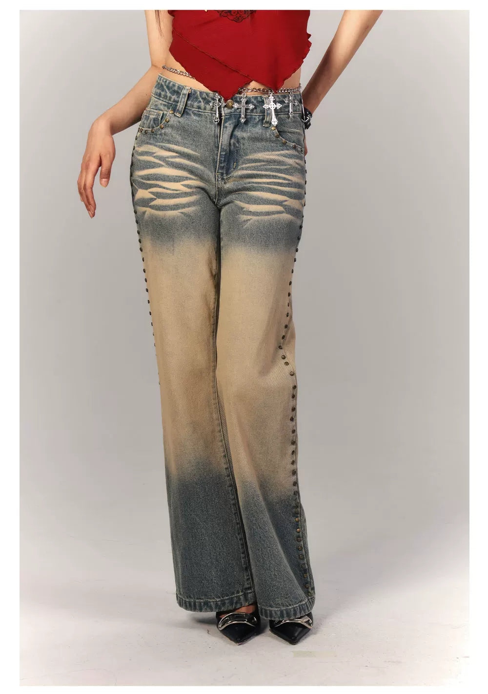 Washed Gradient Studs Detail Flare Denim Jeans
