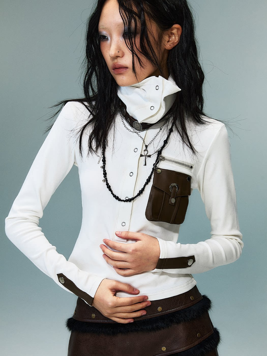 High-Neck Convertible Slim Knit Long Sleeve Shirt