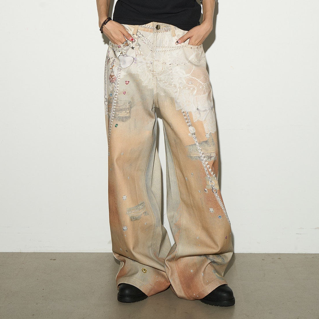 Digital Hand-Drawn Print Wide Leg Denim Jeans