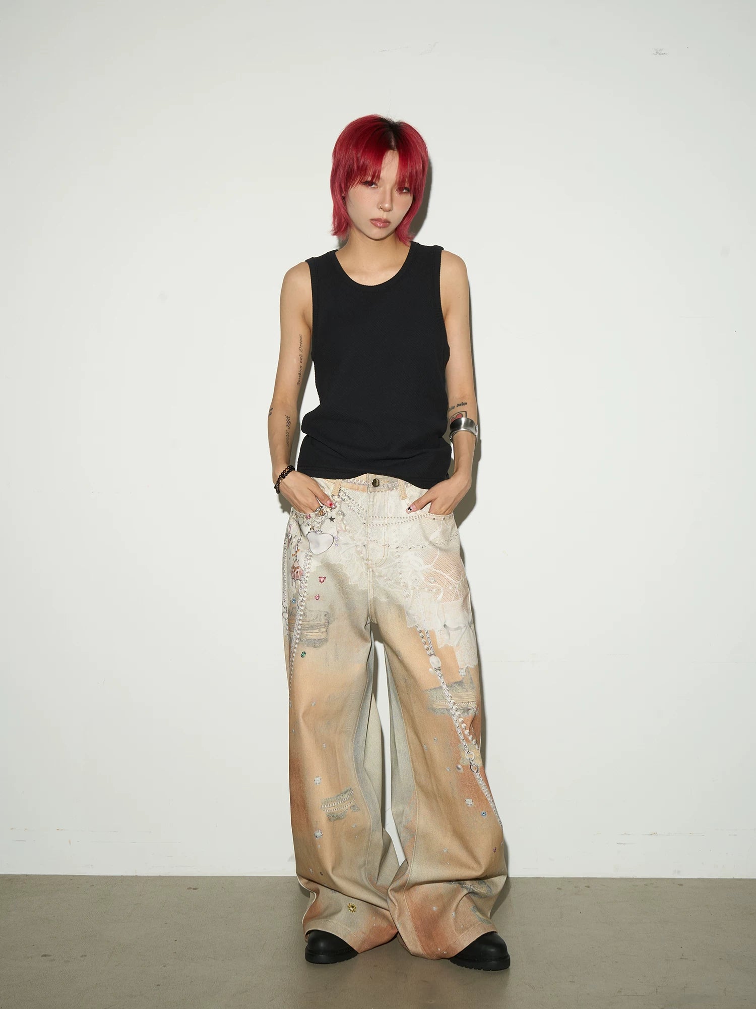 Digital Hand-Drawn Print Wide Leg Denim Jeans
