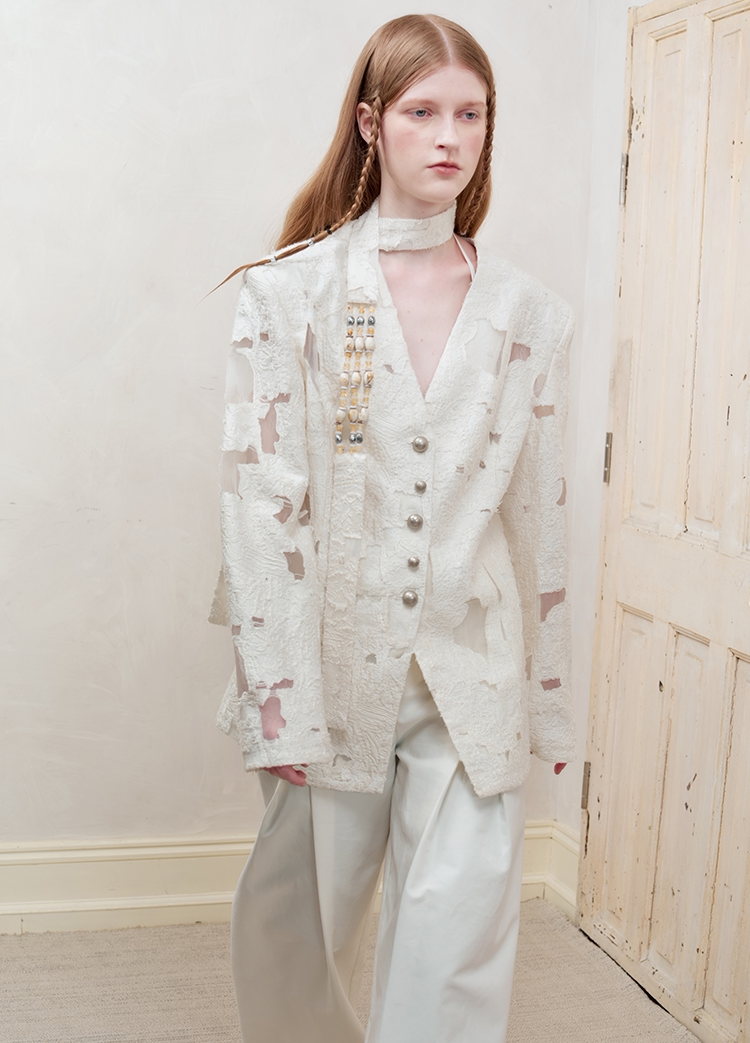 Beaded Collarless Tailored Jacket
