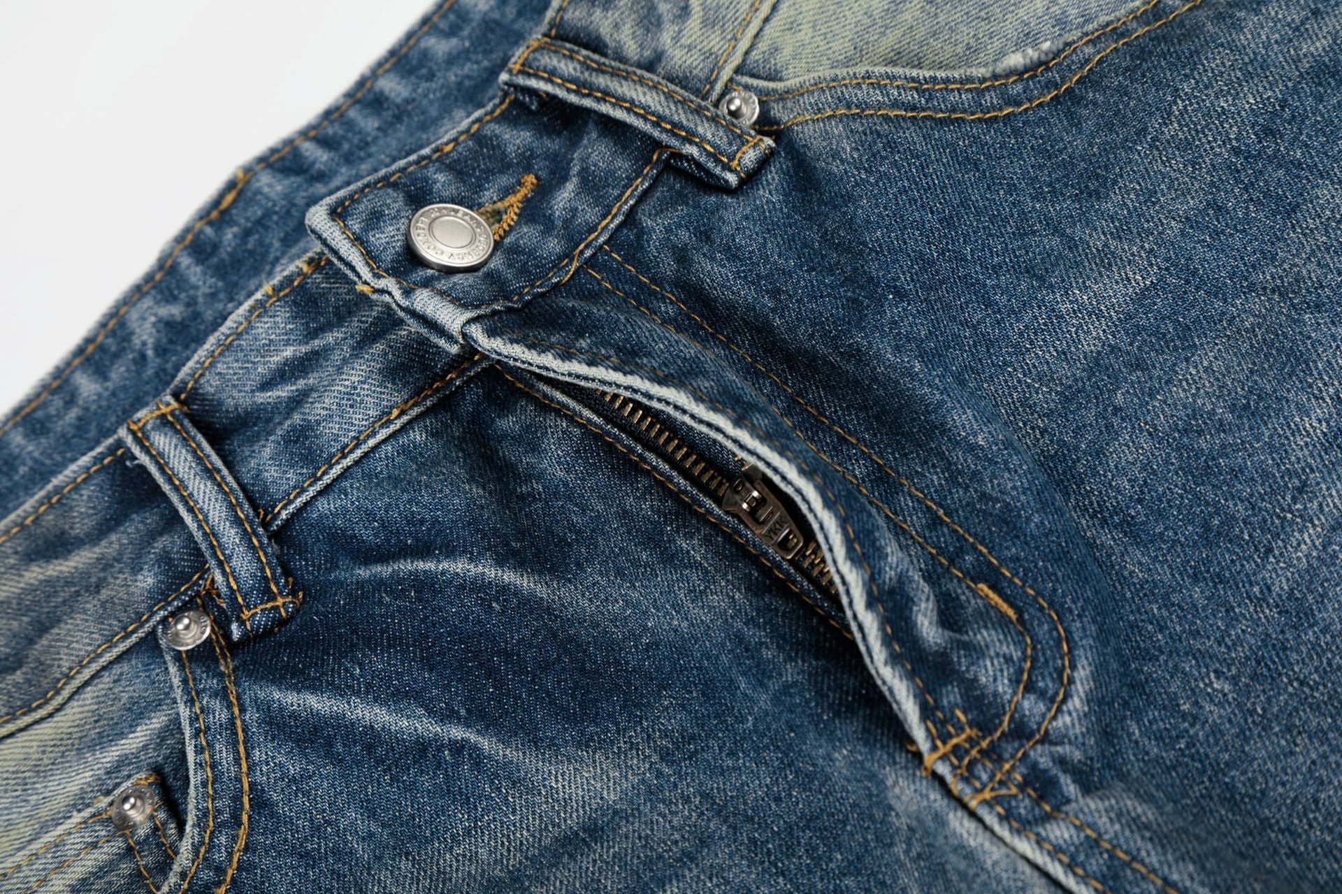 Washed Whisker Damage Wide Leg Denim Jeans