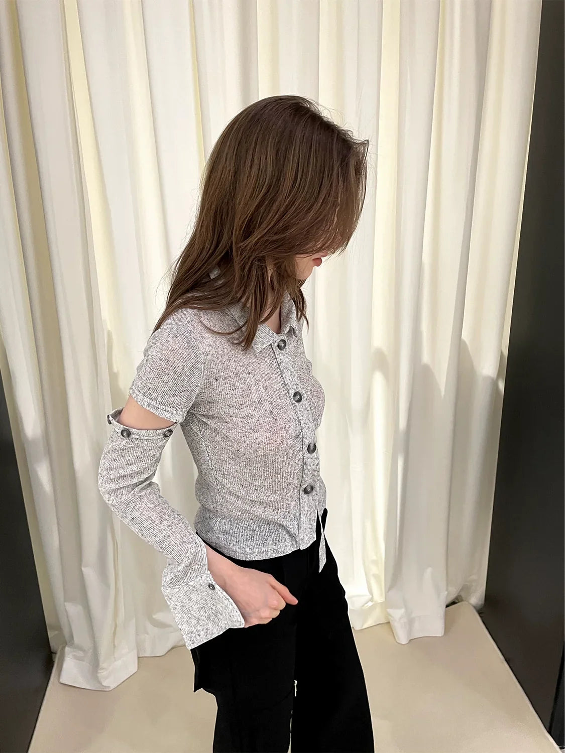 Sheer Detachable Sleeve Polo Knit Cardigan