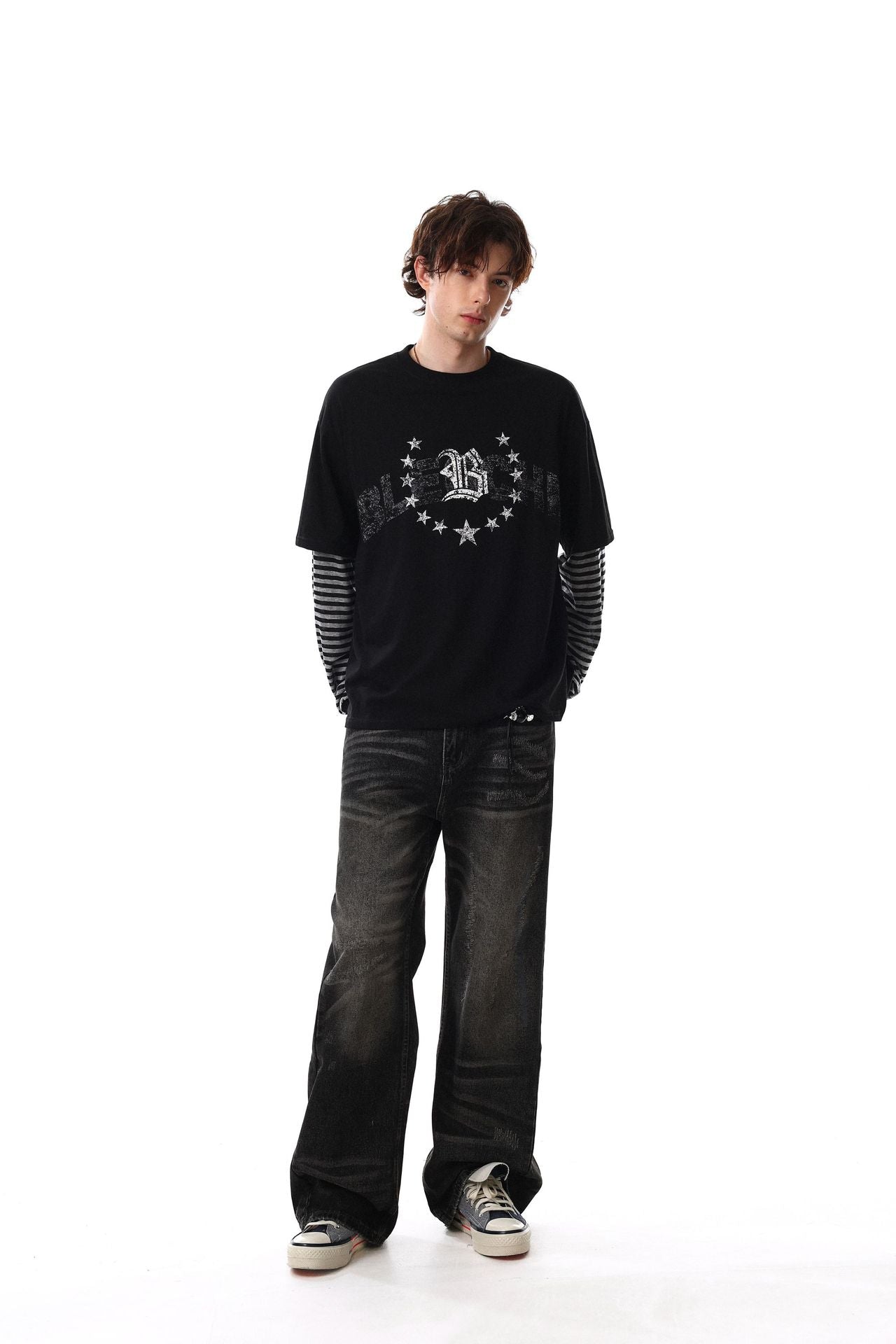 Fake Layered Stripe Star Long Sleeve T-Shirt