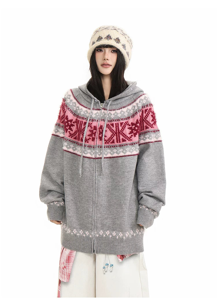 Fur Collar Fair Isle Hooded Knit Cardigan