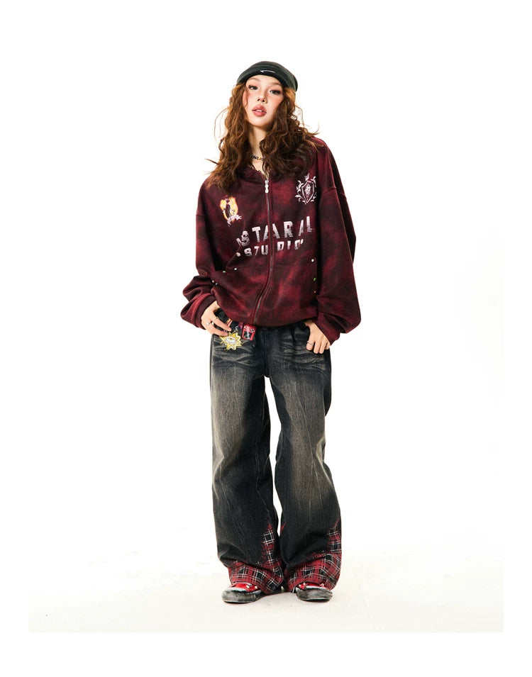 Tie-Dye Letter Print Oversize Zipper Hoodie
