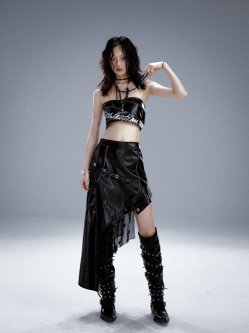 Asymmetric PU Leather Mesh Patchwork Skirt