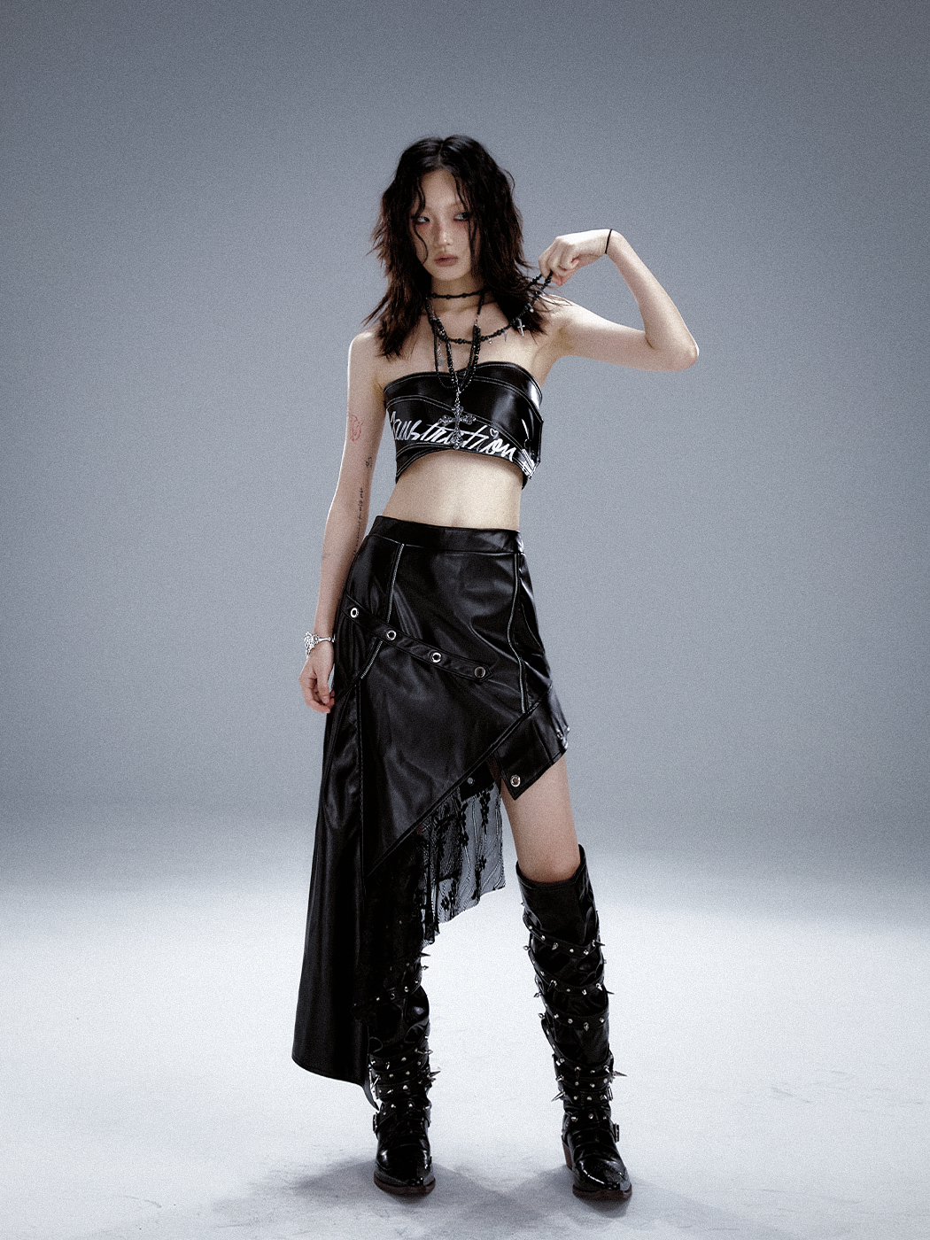Asymmetric PU Leather Mesh Patchwork Skirt