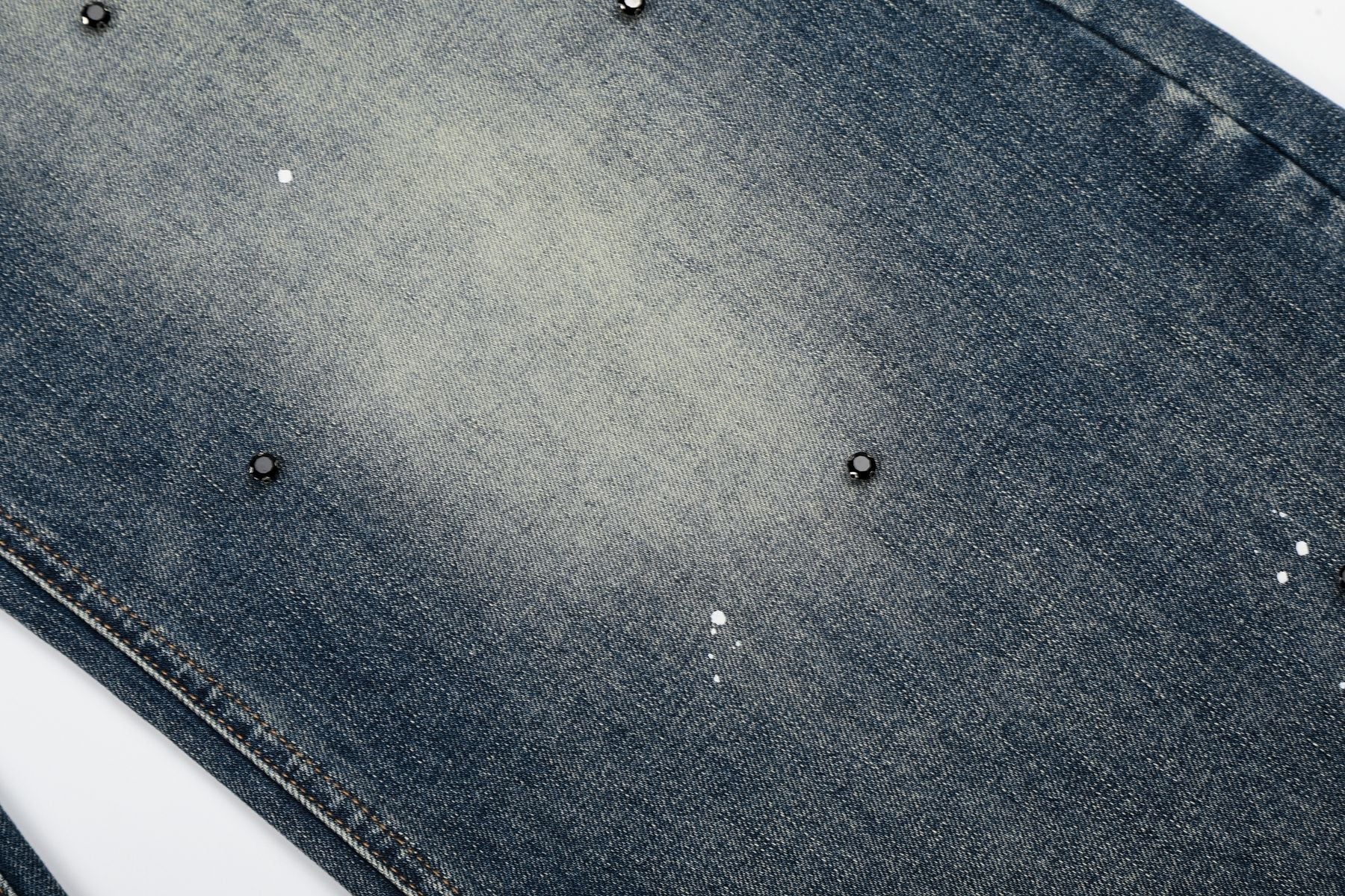 Washed Paint Rhinestone Wide Leg Curved Denim Jeans