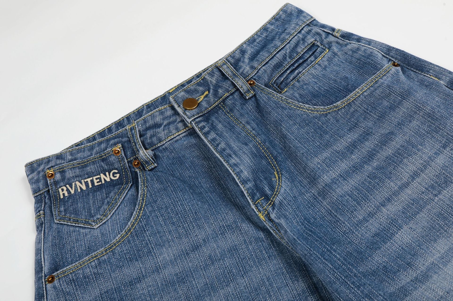 Washed Logo Embroidery Wide Leg Denim Jeans
