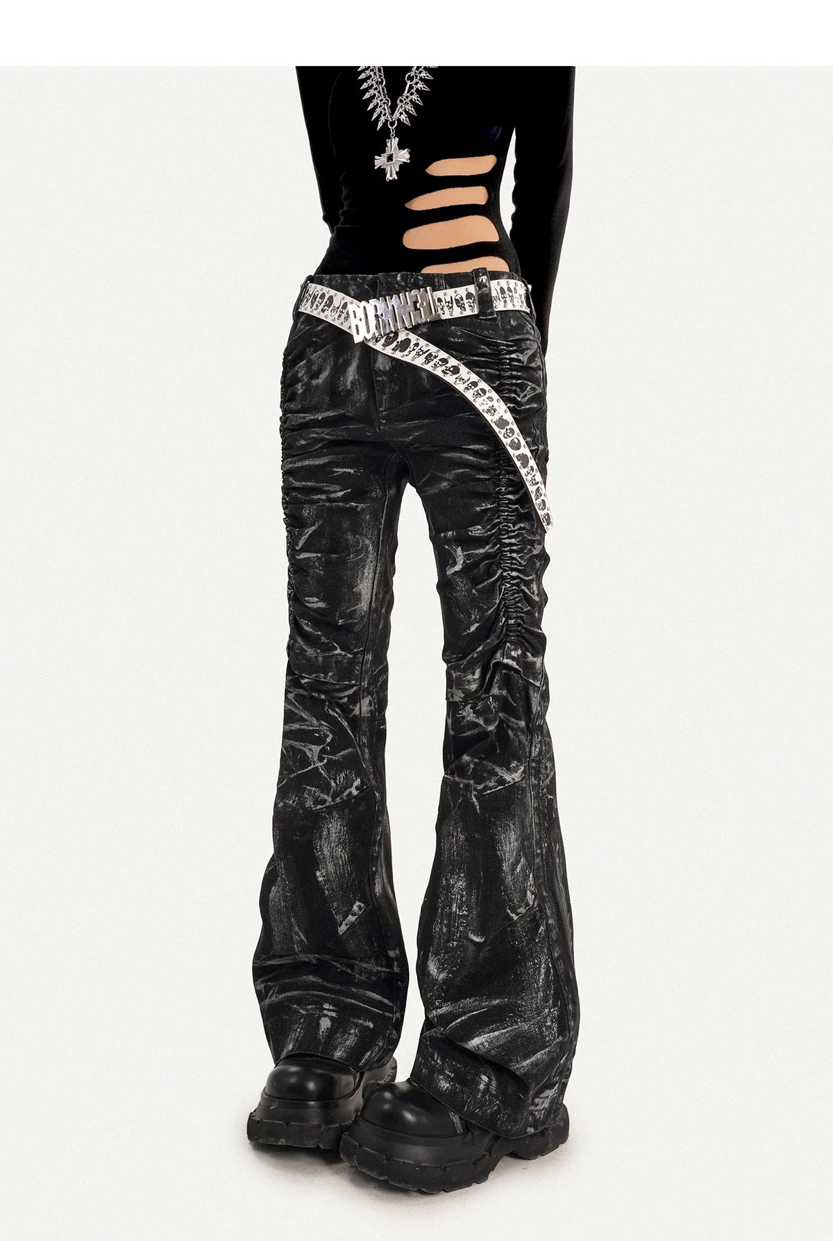 Lightning Print Deconstructed Pleats Flare Denim Jeans
