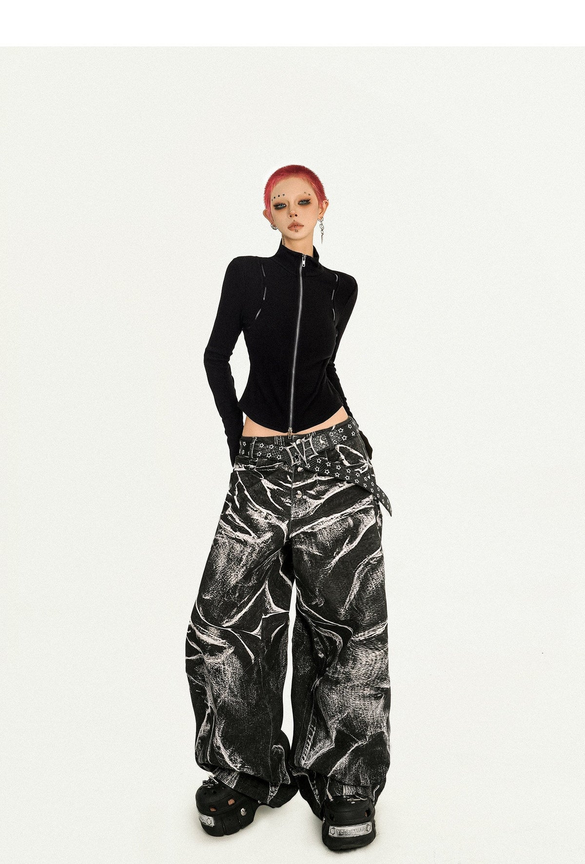 Ripple Pattern Design Wide Leg Denim Jeans