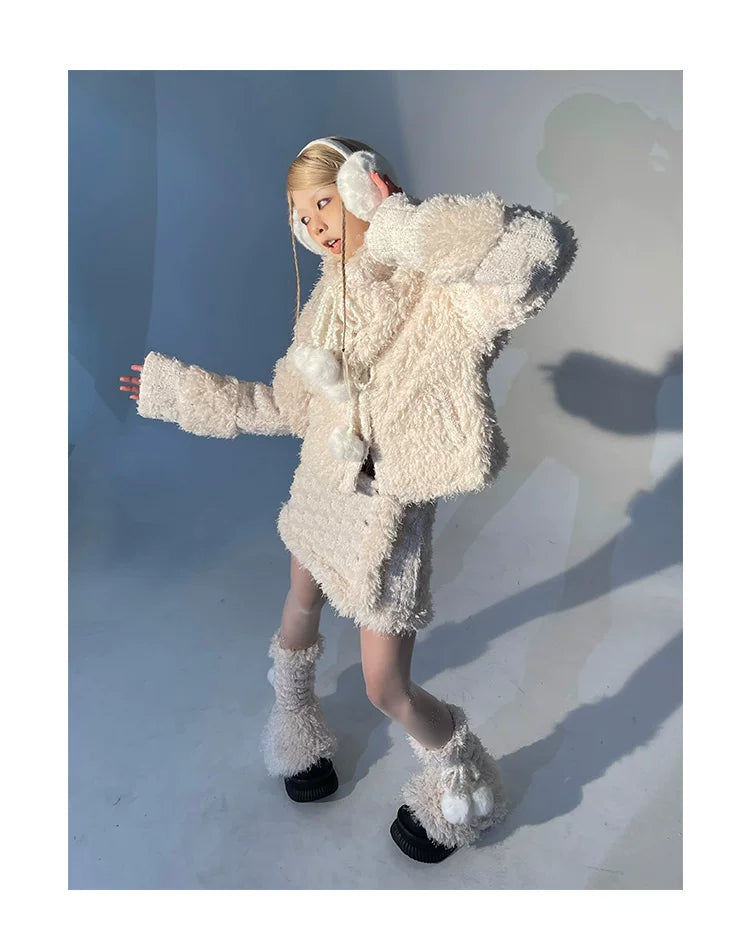 Fleece Lining Soft Fuzzy Knit Cardigan & Half Skirt Setup