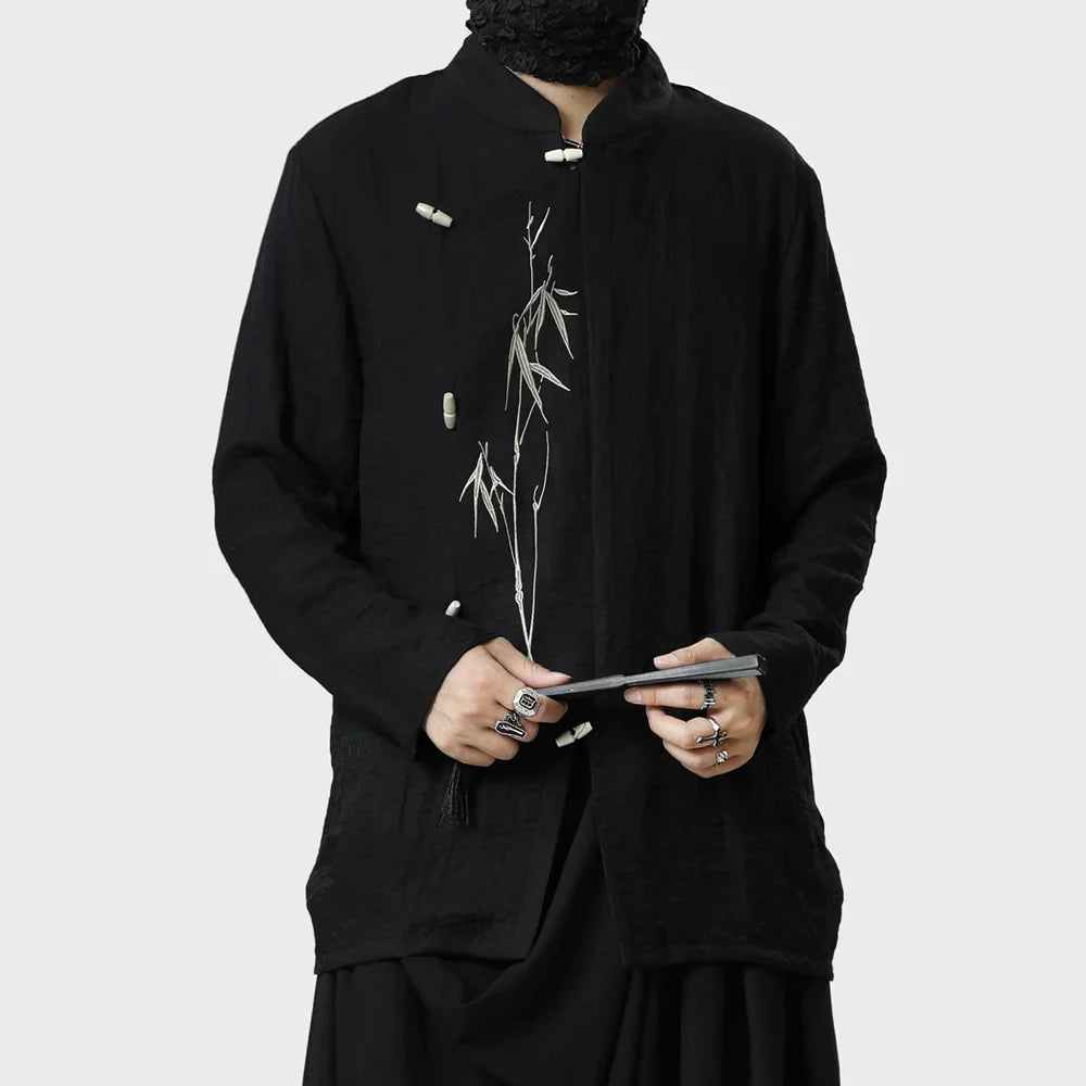 Standing-Collar Asymmetrical Embroidery Long Sleeve Shirt
