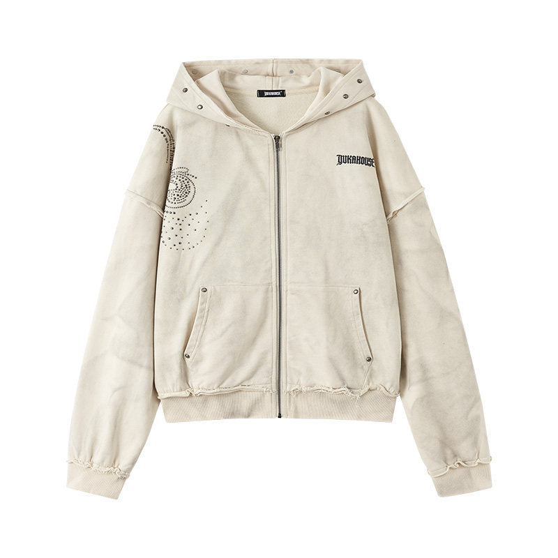 Washed Damage Oversize Zipper Hoodie & Short Skirt & Wide Leg Pants Setup