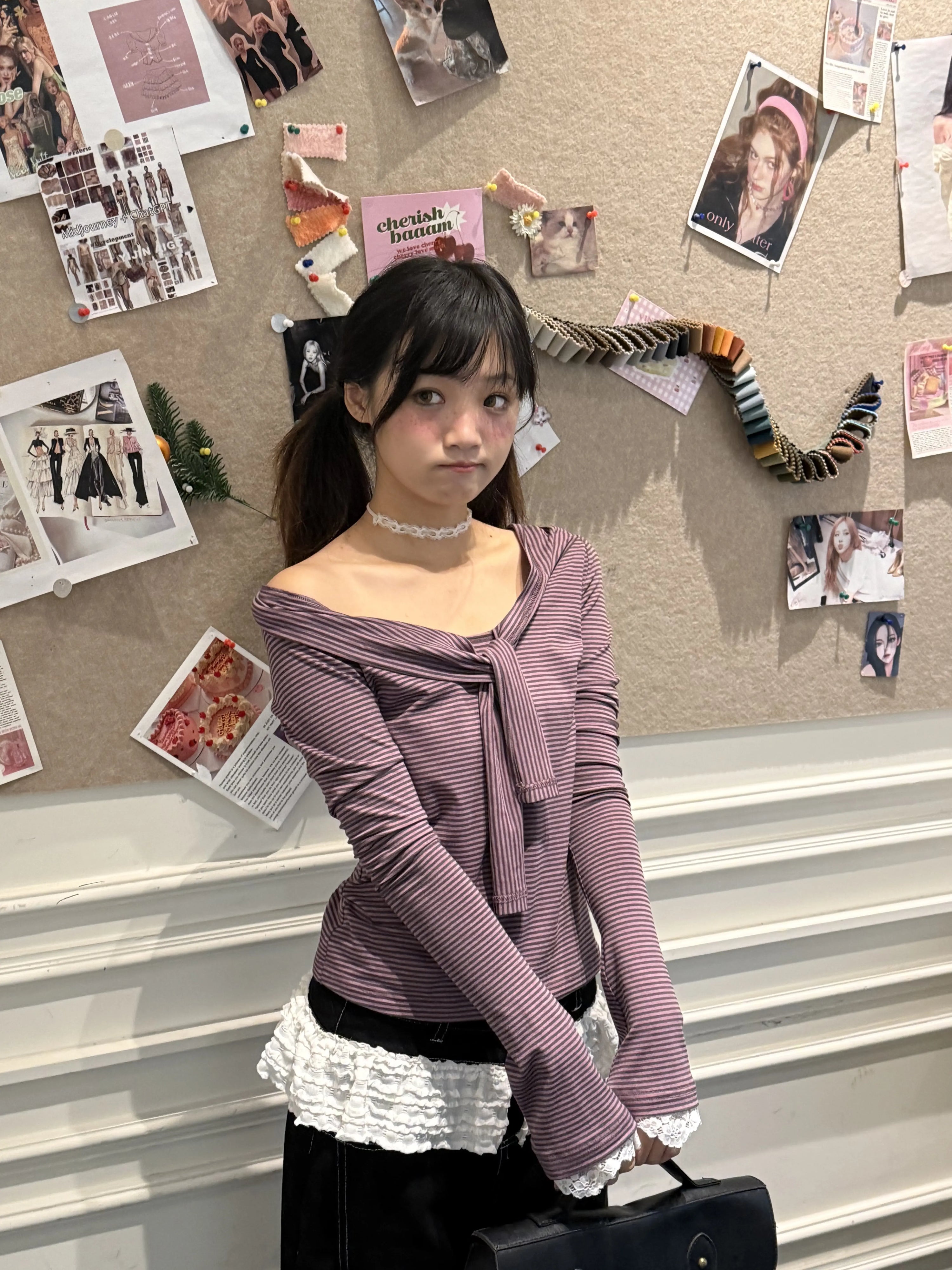 Striped Lace Trim Tie Detail Long Sleeve T-Shirt