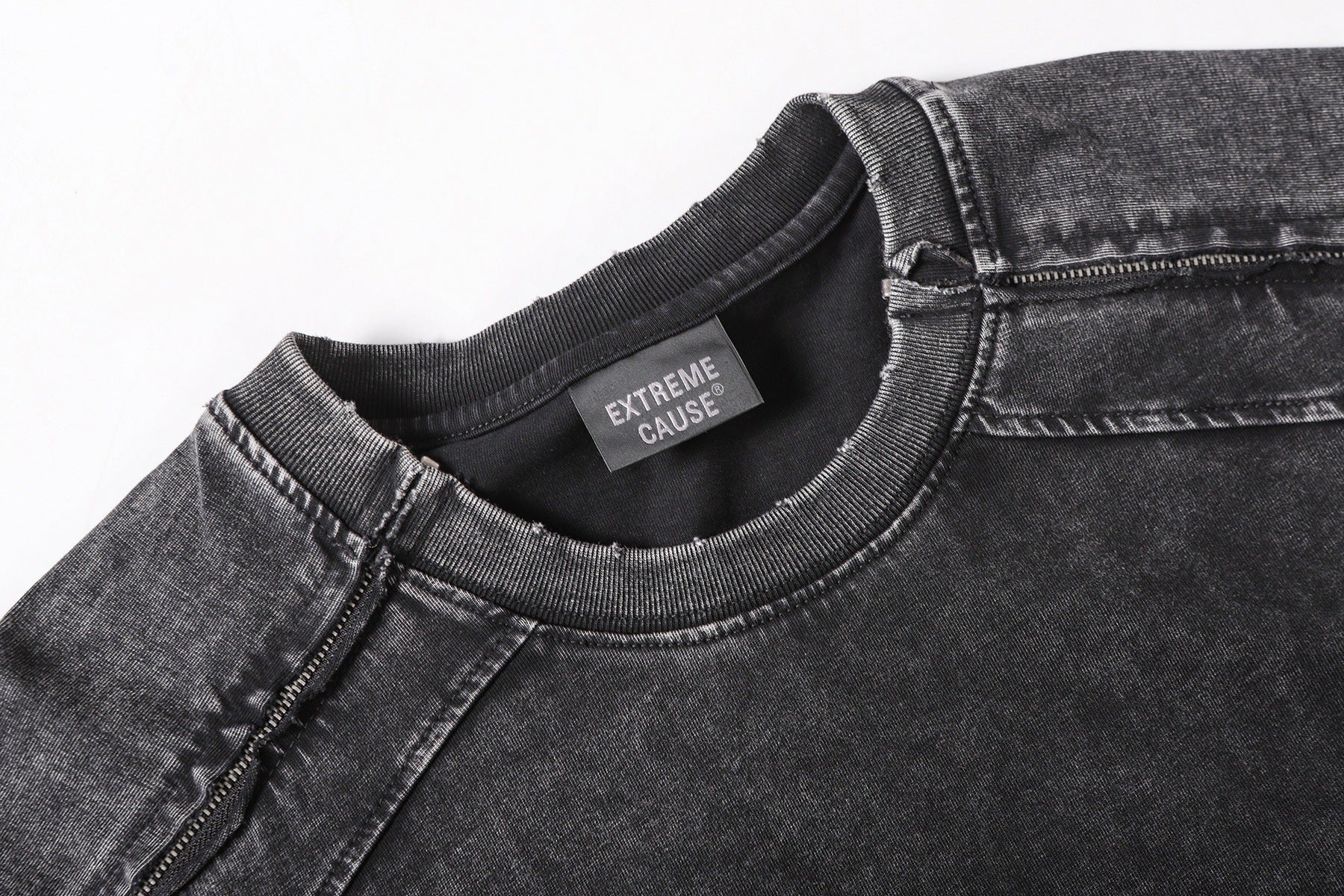 Washed Panel Design Zipper Detail Short Sleeve T-Shirt