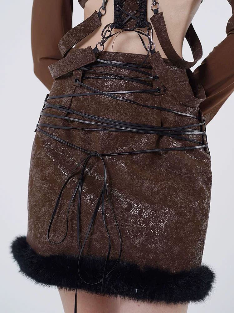 Fur Patchwork Tie-Strap PU Leather Skirt