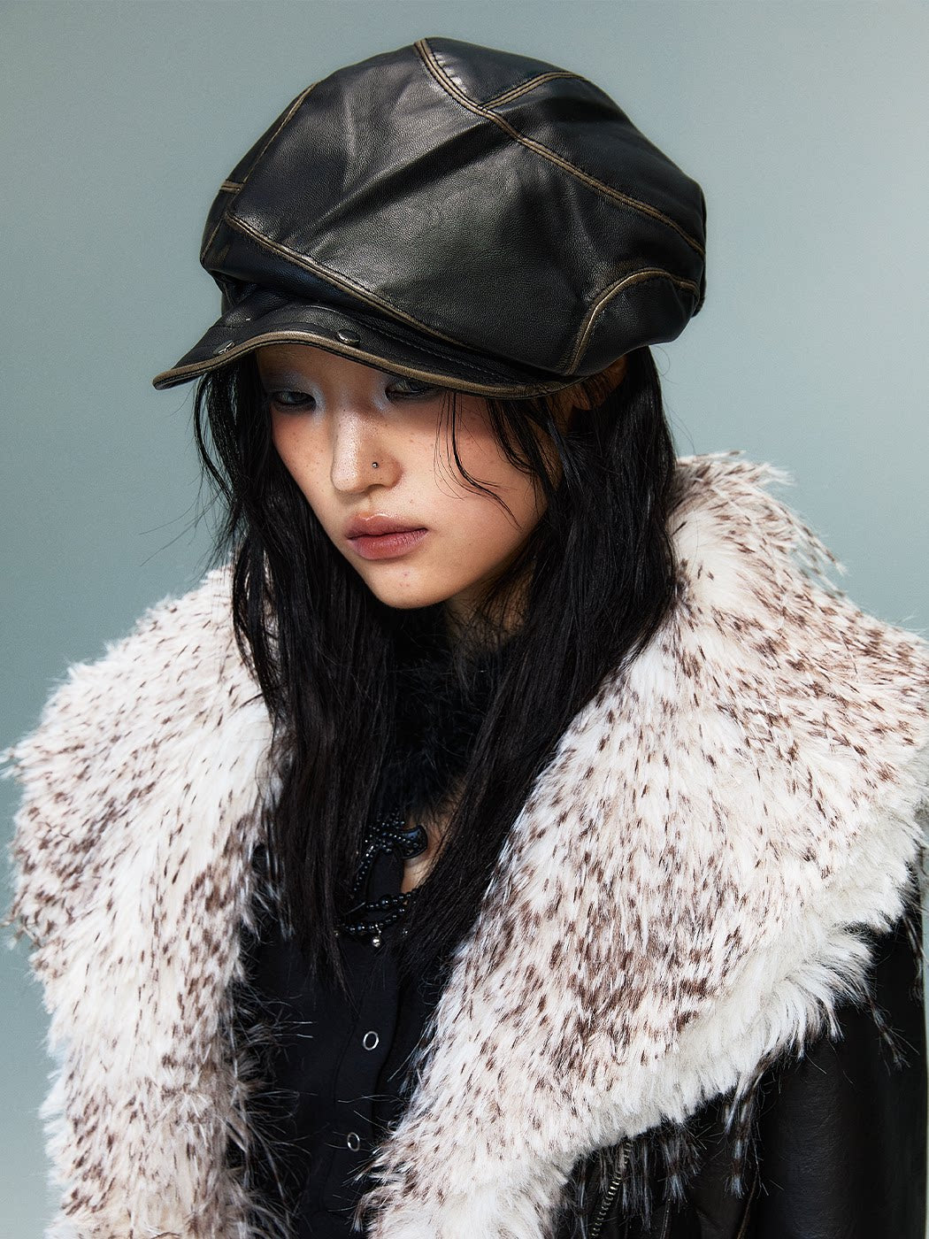 Studded Asymmetrical Washed PU Leather Beret