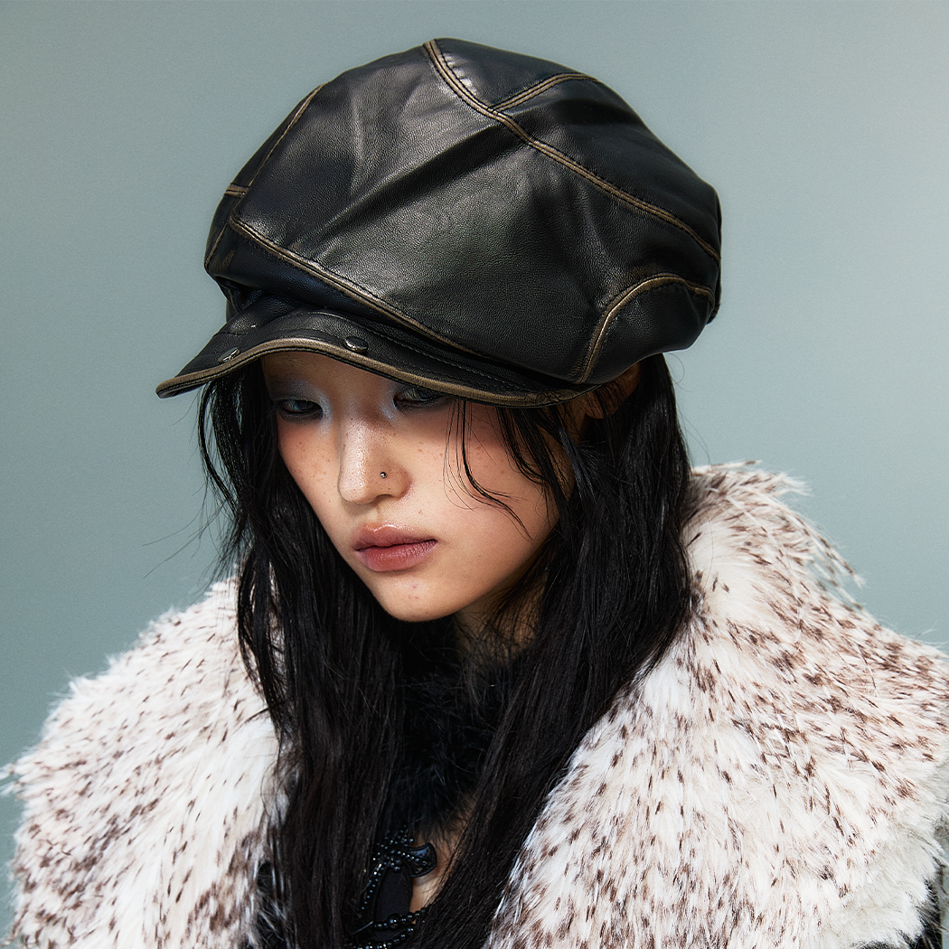 Studded Asymmetrical Washed PU Leather Beret