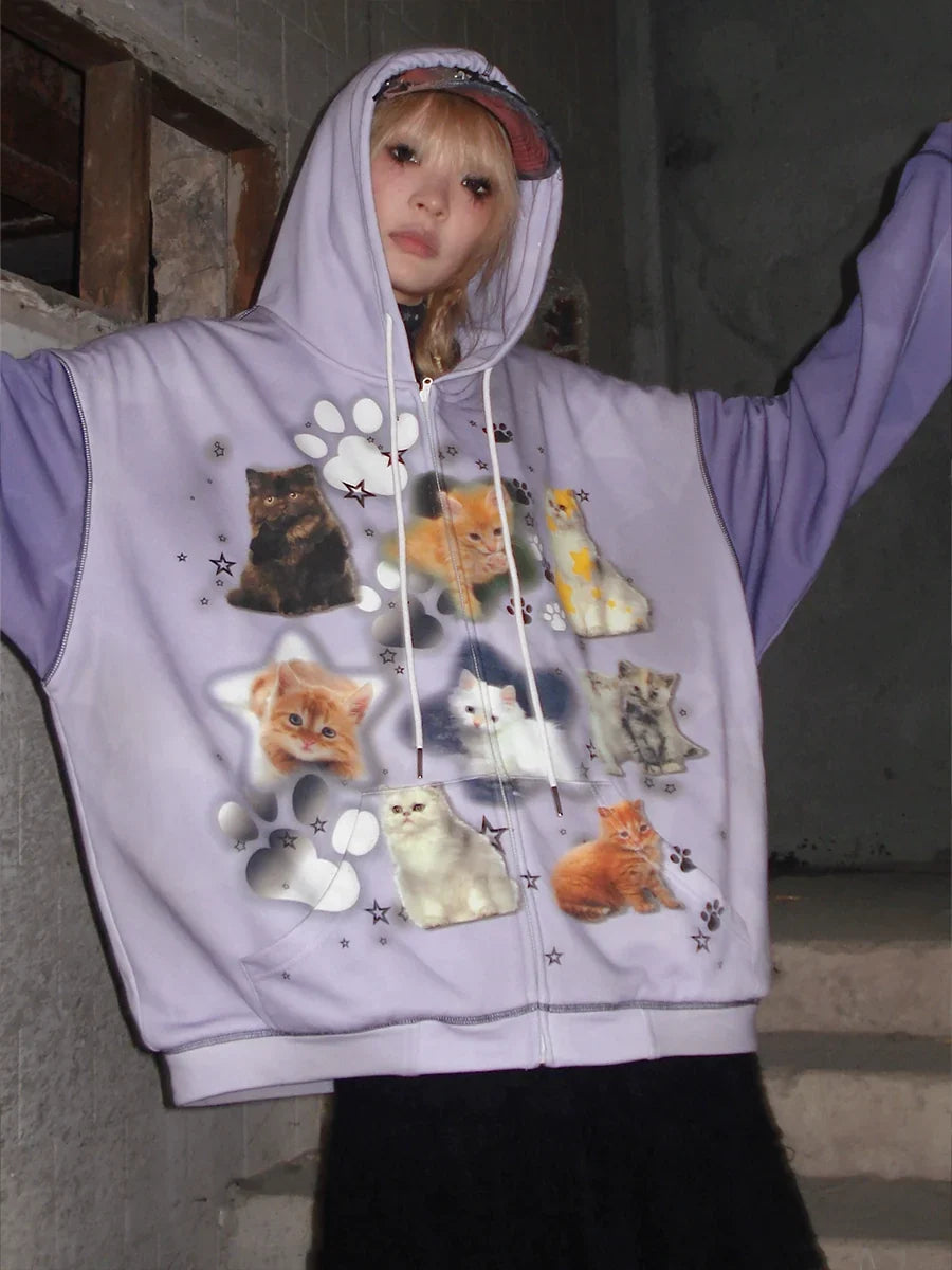 Cat Print Zipper Hoodie