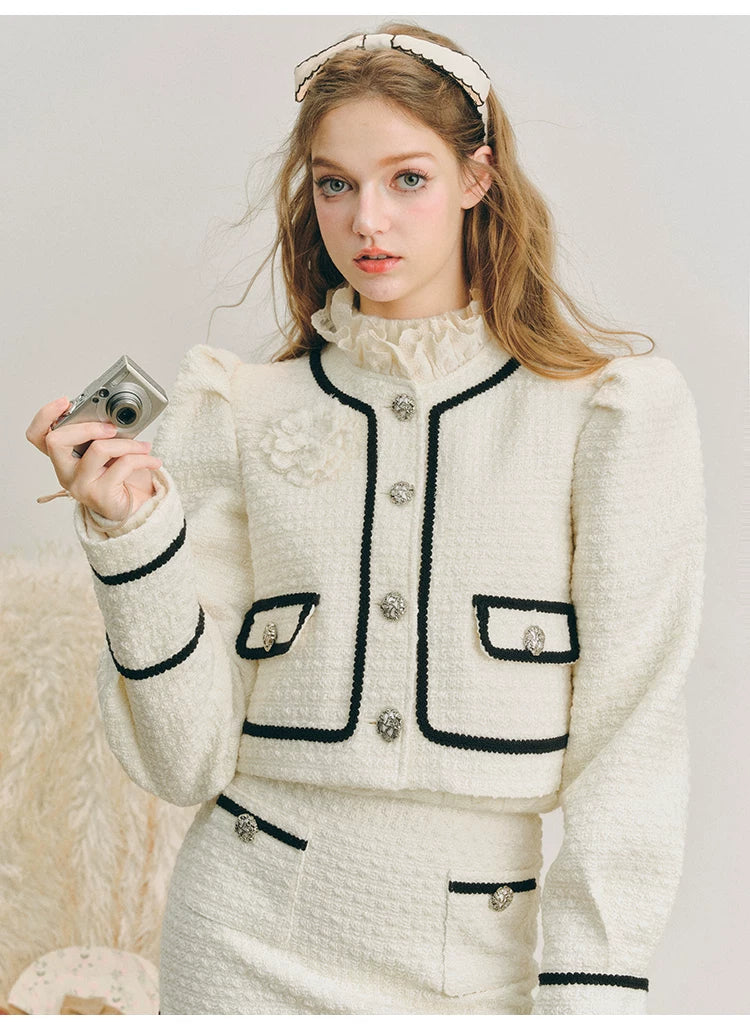 Bubble Sleeve Button Up Jacket & Lace Short Skirt Setup
