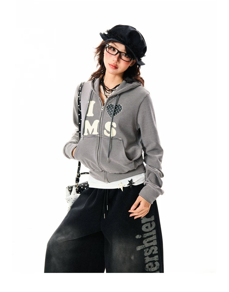 Heart Letter Print Stripe Cropped Zipper Hoodie