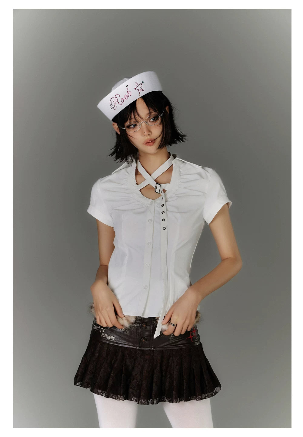 Button Strap Detail Fitted Short Sleeve Shirt